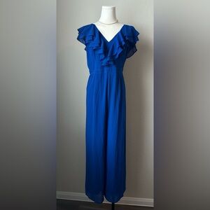 Lulu's Royal Blue Ruffled V-Neck Jumpsuit